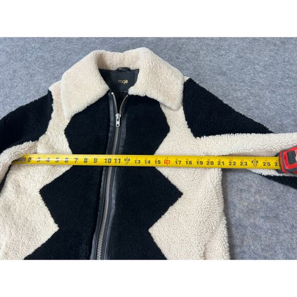 Maje Gillian Two-Tone Black & White Shearling Long Coat Jacket Size Medium - Picture 12 of 12